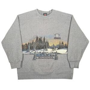 Michigan Nordic Ski Graphic Wildlife Sweatshirt Gray Vintage Wraparound XL